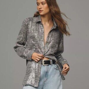Anthropologie Pilcro Hadley Relaxed Buttondown Shirt MP Shine Silver Sequin